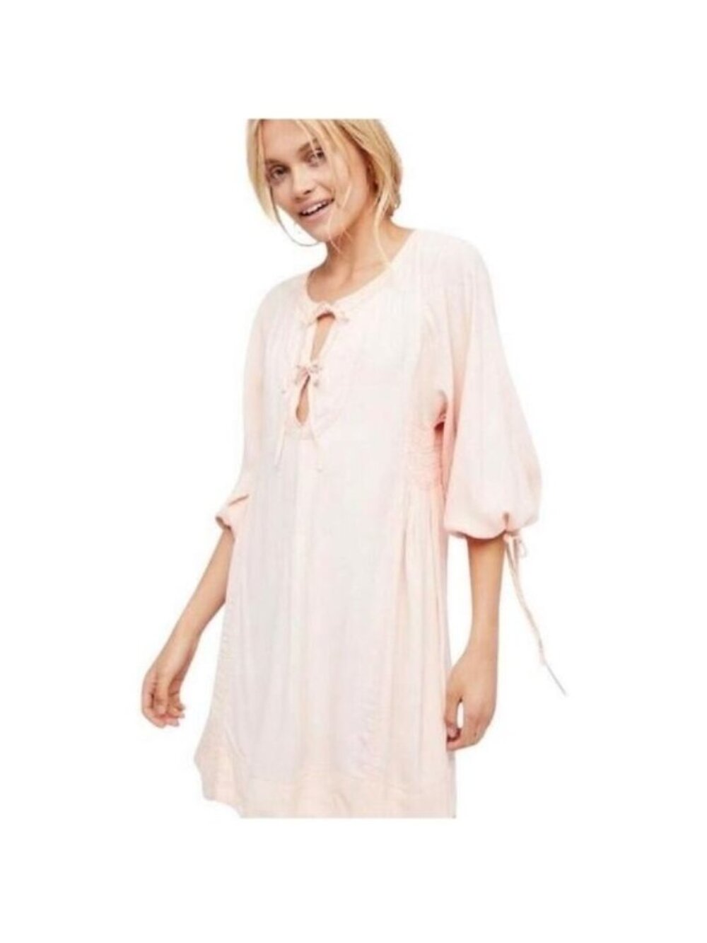 Free People Nomad Pink Tie Front Tunic Mini Dress XS Long Sleeve Boho